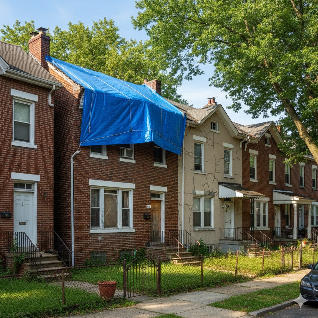 “Rowhouses in Baltimore’s Chinquapin Park/Belvedere 21212 neighborhood with blue tarp over roof after storm damage — symbolizing denied homeowners insurance claim cases handled by Eric T. Kirk, Baltimore Insurance Claim Denial Lawyer.”