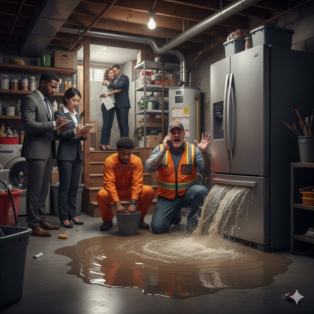 “Representative Basement flood damage in a South Baltimore 21230 brick rowhome, illustrating denied homeowners insurance claims handled by Eric T. Kirk, Baltimore insurance claim denial lawyer.”