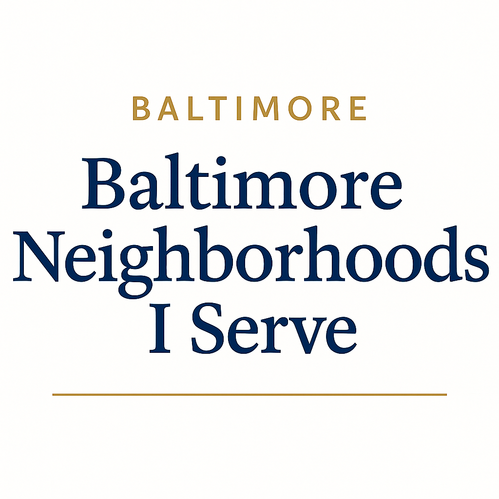 “Professional square header image reading ‘Baltimore Neighborhoods I Serve’ with gold and navy typography on a white background — design used by Eric T. Kirk, Baltimore Personal Injury Lawyer, to introduce his Baltimore neighborhood service pages.”