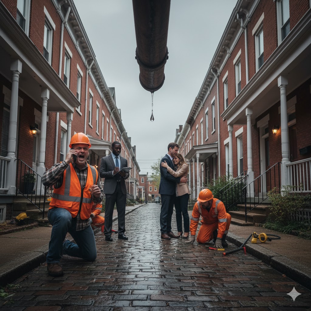 Illustrative image of an orangeville 21205 home in Baltimore, Maryland, showing significant property damage after a covered loss. The image represents the kinds of denied homeowners insurance claims handled by Eric T. Kirk, Baltimore insurance claim denial lawyer, for residents facing unfair claim denials.